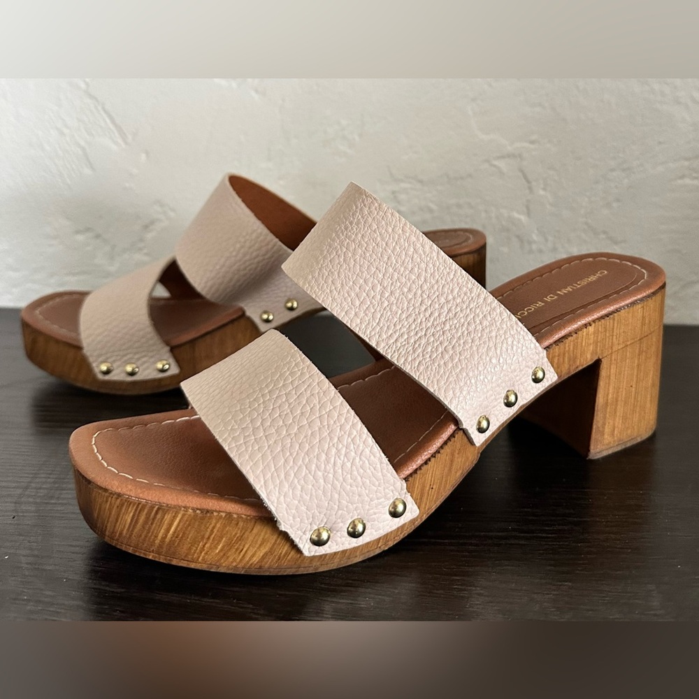 Christian di Riccio leather platform sandal chunky heel nailhead trim